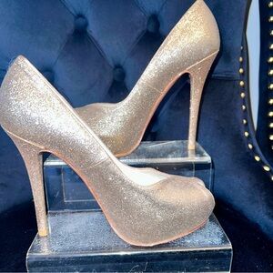 Stuart Weitzman Gold Glitter Platform Peep-toe High Heels 7